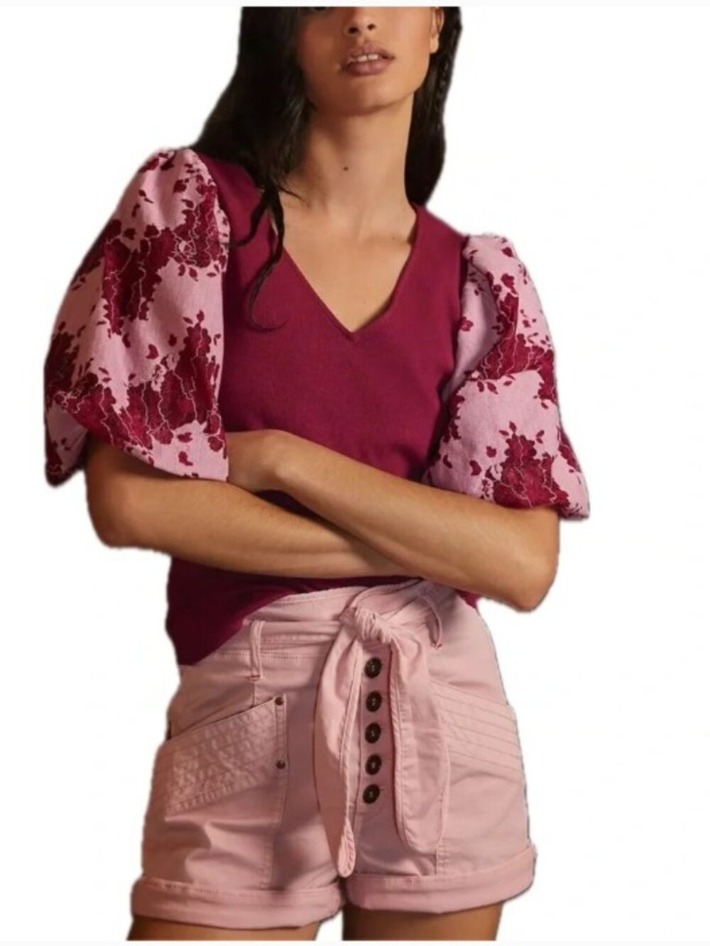 Anthropologie DOLAN Left Coast Lace Puff-Sleeve Preppy Top Sz XS In Burgundy